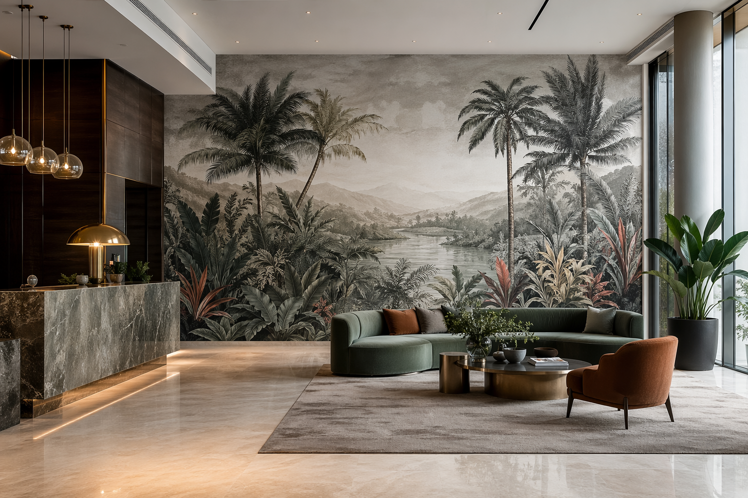 Large custom botanical wall mural installed in a modern commercial interior