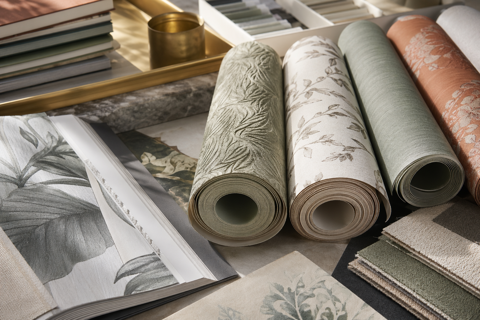 Premium wallpaper rolls and sample materials in a design studio